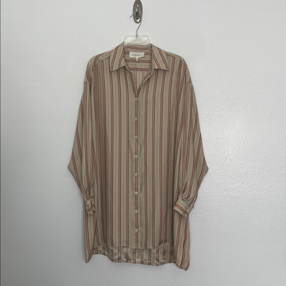 The Great 100% Silk Long Sleeve Tan Red Oversize Striped Shirt Dress Size 0 / XS